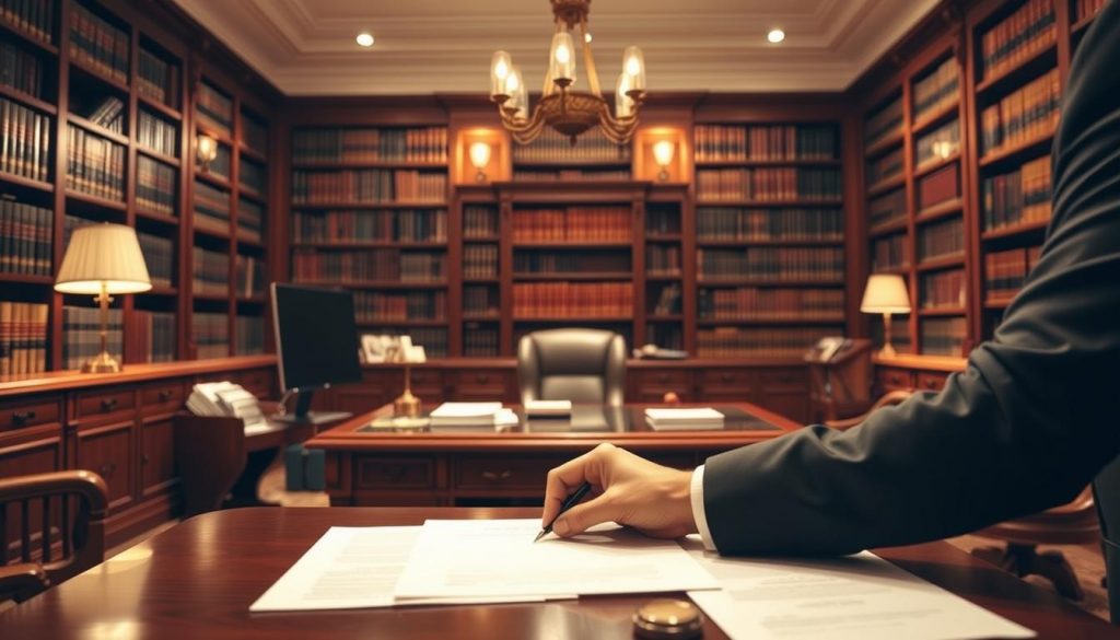 A well-lit study with a large mahogany desk, a computer, and various legal documents neatly organized. In the foreground, a person in a suit is carefully signing papers, symbolizing the establishment of a trust. Bookshelves line the walls, casting a warm glow over the scene. The lighting is soft and evenly distributed, creating a professional and authoritative atmosphere. The camera angle is slightly elevated, providing a sense of importance and formality to the process. The overall composition conveys the gravity and significance of setting up a trust, befitting the "Secure Your Assets: Establishing a Trust in the UK" article. A well-lit study with a large mahogany desk, a computer, and various legal documents neatly organized. In the foreground, a person in a suit is carefully signing papers, symbolizing the establishment of a trust. Bookshelves line the walls, casting a warm glow over the scene. The lighting is soft and evenly distributed, creating a professional and authoritative atmosphere. The camera angle is slightly elevated, providing a sense of importance and formality to the process. The overall composition conveys the gravity and significance of setting up a trust, befitting the "Secure Your Assets: Establishing a Trust in the UK" article.