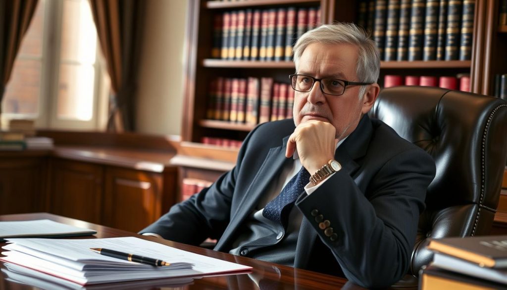 A well-lit study with a wooden desk and leather chair, a bookshelf filled with legal tomes in the background. On the desk, a stack of documents, a pen, and a thoughtful expression on the face of an experienced lawyer, conveying the importance of legal advice in care fees planning. Soft, warm lighting casts gentle shadows, creating a sense of focused professionalism and expertise. The scene evokes a calm, authoritative atmosphere, underscoring the crucial role of legal guidance in safeguarding one's assets and family's financial future.