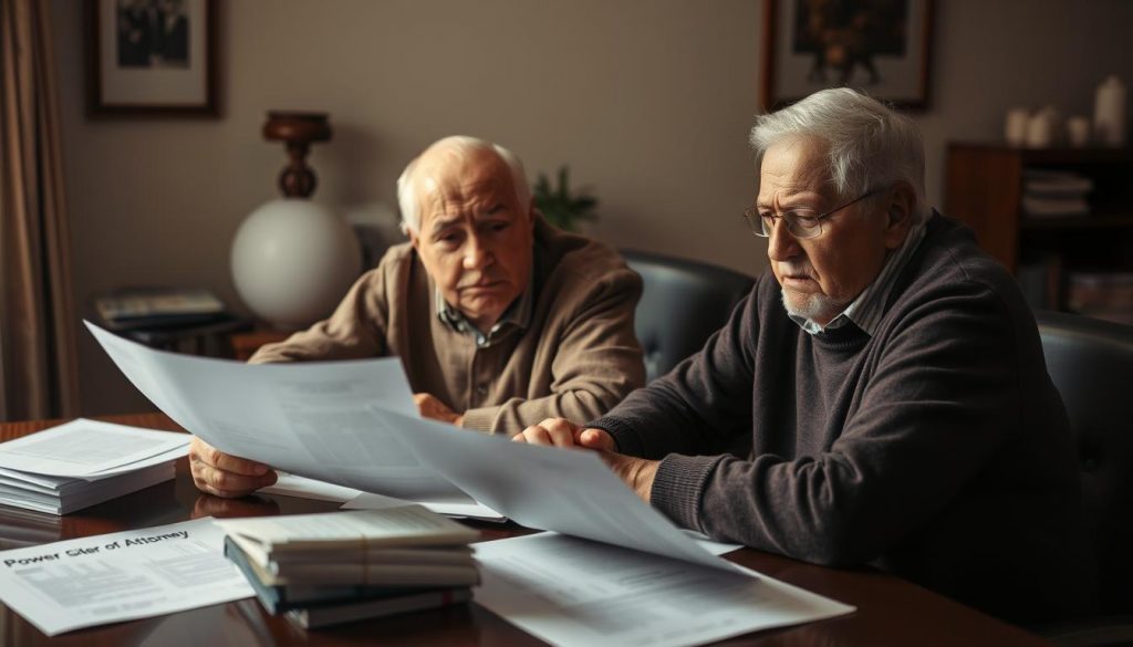 An elderly couple sitting at a table, looking frustrated and engaged in an intense discussion, surrounded by legal documents, financial papers, and a power of attorney form. The scene is set in a warm, softly lit home office, with muted colors and subtle shadows, creating a pensive and contemplative atmosphere. The lighting is diffused, with a slight vignette effect, drawing the viewer's focus to the central figures. The composition is balanced, with the couple positioned slightly off-center, allowing for negative space and a sense of unease.