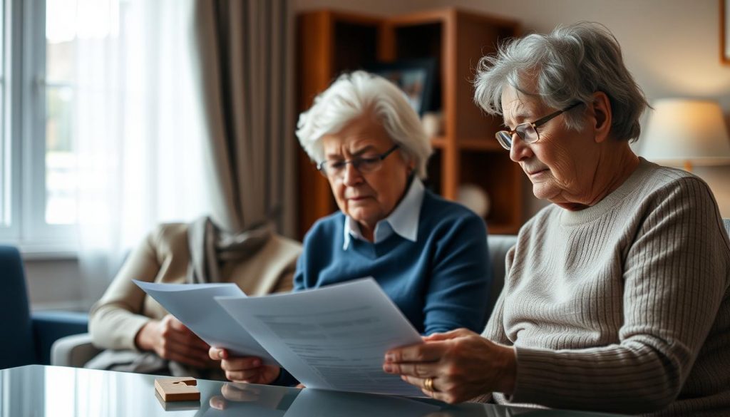 An elderly couple sitting in an office, discussing financial documents with a representative from a nursing home. Soft lighting illuminates the scene, casting a somber yet thoughtful atmosphere. The couple's expressions convey a mix of concern and resolve as they navigate the complexities of care home fees, their trust funds playing a central role in this important decision. The background is blurred, keeping the focus on the human interaction and the weighty matter at hand. An elderly couple sitting in an office, discussing financial documents with a representative from a nursing home. Soft lighting illuminates the scene, casting a somber yet thoughtful atmosphere. The couple's expressions convey a mix of concern and resolve as they navigate the complexities of care home fees, their trust funds playing a central role in this important decision. The background is blurred, keeping the focus on the human interaction and the weighty matter at hand.