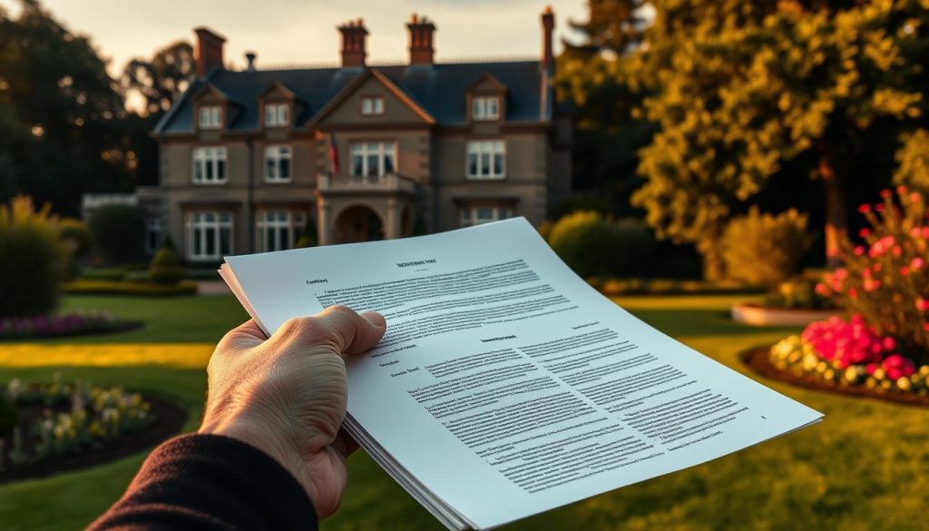 An elegant Victorian-style manor house, its stately facade bathed in warm, golden-hour sunlight. Lush, manicured gardens surround the property, their verdant lawns and blooming flowerbeds conveying a sense of tranquility and privilege. In the foreground, a pair of aged, weathered hands cradle a set of legal documents, the text on the pages barely legible. The image evokes a pensive, contemplative mood, hinting at the complexities and potential burdens of inheritance tax on a beloved family home.