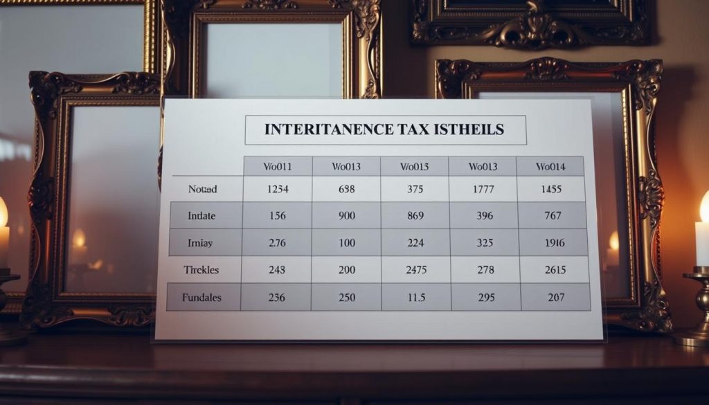 An elegant chart depicting the current inheritance tax thresholds, against a backdrop of ornate, vintage-inspired frames. The chart itself features a clean, minimalist design, with clear delineations between the different tax bands, and precise numerical values displayed in a legible, professional font. The overall aesthetic is one of timeless sophistication, befitting the subject matter. Warm, soft lighting casts a gentle glow, creating a sense of depth and dimension. The scene is captured from a slightly elevated angle, providing a comprehensive view of the chart and its surrounding elements.