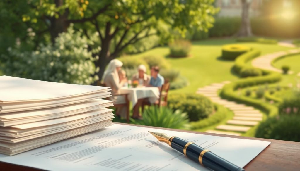 An elegant estate planning illustration, captured in soft, natural lighting. In the foreground, a stack of legal documents and a fountain pen, symbolizing the importance of legal formalities. In the middle ground, a family gathered around a table, discussing their financial future. In the background, a lush, verdant garden with a winding path, representing the tranquility and security of a well-planned legacy. The composition evokes a sense of care, diligence, and the enduring legacy of a family's wealth and values. An elegant estate planning illustration, captured in soft, natural lighting. In the foreground, a stack of legal documents and a fountain pen, symbolizing the importance of legal formalities. In the middle ground, a family gathered around a table, discussing their financial future. In the background, a lush, verdant garden with a winding path, representing the tranquility and security of a well-planned legacy. The composition evokes a sense of care, diligence, and the enduring legacy of a family's wealth and values.