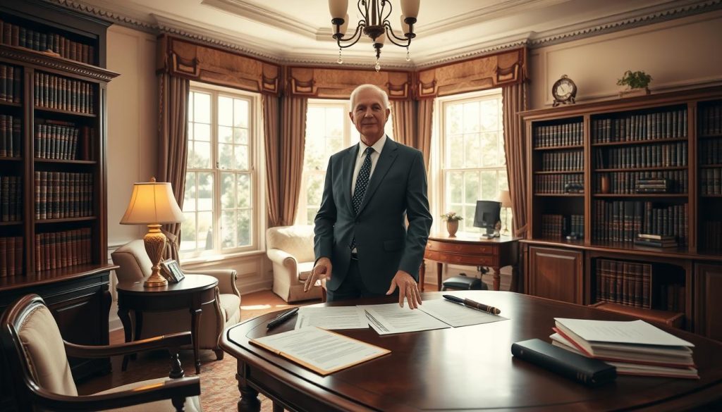 An elegant estate planning office, sunlit and inviting, with a large wooden desk, bookshelves filled with legal tomes, and a cozy seating area. A middle-aged professional in a crisp suit stands, gesturing toward detailed documents on the desk, conveying a sense of expertise and care. The room exudes an atmosphere of trust, security, and thoughtful preparation for the future. Soft, natural lighting filters through large windows, highlighting the meticulous attention to detail that characterizes the estate planning services offered within. An elegant estate planning office, sunlit and inviting, with a large wooden desk, bookshelves filled with legal tomes, and a cozy seating area. A middle-aged professional in a crisp suit stands, gesturing toward detailed documents on the desk, conveying a sense of expertise and care. The room exudes an atmosphere of trust, security, and thoughtful preparation for the future. Soft, natural lighting filters through large windows, highlighting the meticulous attention to detail that characterizes the estate planning services offered within.