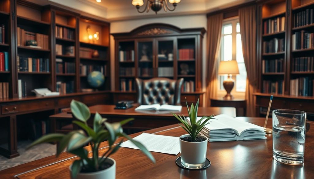 An elegant home office with a wooden desk, a leather armchair, and bookshelves lining the walls. The room is bathed in warm, soft lighting, creating an atmosphere of thoughtful contemplation. On the desk, a stack of documents and a pen stand, hinting at the intricate process of estate planning. In the foreground, a potted plant and a glass of water, symbolizing the balanced approach required for effective inheritance tax strategies. The overall scene conveys a sense of professionalism, attention to detail, and care for the future. An elegant home office with a wooden desk, a leather armchair, and bookshelves lining the walls. The room is bathed in warm, soft lighting, creating an atmosphere of thoughtful contemplation. On the desk, a stack of documents and a pen stand, hinting at the intricate process of estate planning. In the foreground, a potted plant and a glass of water, symbolizing the balanced approach required for effective inheritance tax strategies. The overall scene conveys a sense of professionalism, attention to detail, and care for the future.
