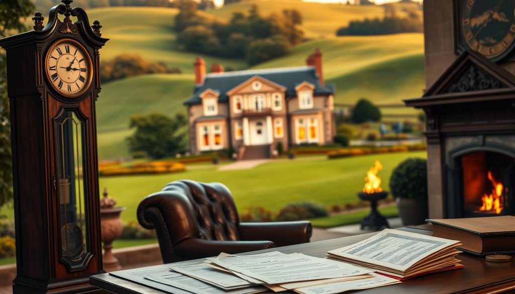 An elegant manor house set against a backdrop of verdant rolling hills, warm golden sunlight filtering through its stately windows. In the foreground, a grandfather clock ticks softly, its ornate face a symbol of the passage of time. Documents and ledgers spill across an antique mahogany desk, hinting at the intricate financial considerations of estate planning. A leather armchair invites contemplation, while a blazing fireplace casts a cozy glow, suggesting the importance of careful forethought and preparation. Soft, diffused lighting illuminates the scene, creating an atmosphere of thoughtful deliberation. An elegant manor house set against a backdrop of verdant rolling hills, warm golden sunlight filtering through its stately windows. In the foreground, a grandfather clock ticks softly, its ornate face a symbol of the passage of time. Documents and ledgers spill across an antique mahogany desk, hinting at the intricate financial considerations of estate planning. A leather armchair invites contemplation, while a blazing fireplace casts a cozy glow, suggesting the importance of careful forethought and preparation. Soft, diffused lighting illuminates the scene, creating an atmosphere of thoughtful deliberation.