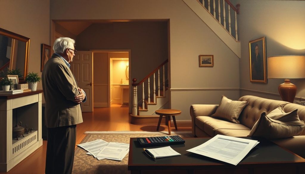 An elegant oil painting depicting the impact of equity release on inheritance tax. In the foreground, an elderly couple stands beside a beautifully furnished living room, contemplating their financial future. The middle ground reveals financial documents and a calculator, symbolizing the complex calculations involved. In the background, a dimly lit staircase leads to an upper level, hinting at the intergenerational implications of the decision. Warm, muted tones create an introspective atmosphere, while soft, directional lighting adds depth and drama to the scene. The composition is balanced, with the figures positioned asymmetrically to draw the viewer's eye through the frame. An elegant oil painting depicting the impact of equity release on inheritance tax. In the foreground, an elderly couple stands beside a beautifully furnished living room, contemplating their financial future. The middle ground reveals financial documents and a calculator, symbolizing the complex calculations involved. In the background, a dimly lit staircase leads to an upper level, hinting at the intergenerational implications of the decision. Warm, muted tones create an introspective atmosphere, while soft, directional lighting adds depth and drama to the scene. The composition is balanced, with the figures positioned asymmetrically to draw the viewer's eye through the frame.