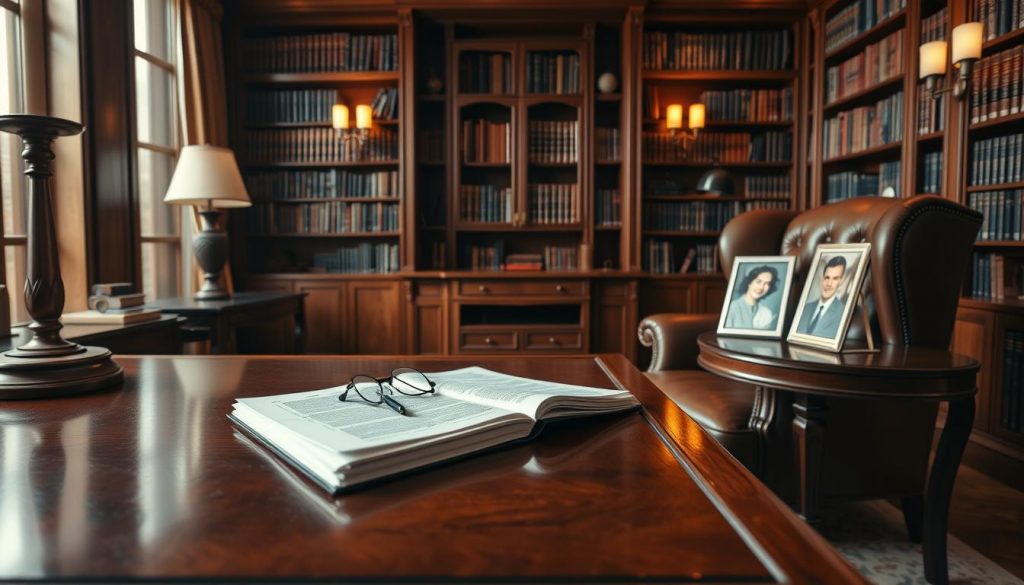 An elegant study with a large mahogany desk, a plush leather armchair, and bookshelves lining the walls. Soft, warm lighting casts an inviting glow. On the desk, a stack of legal documents, a pen, and a pair of reading glasses, hinting at the weighty considerations of estate planning. The room's sophisticated atmosphere evokes the gravity and complexity of safeguarding one's family's assets. A pair of framed family portraits on the side table add a personal touch, underscoring the importance of these decisions. The scene conveys a sense of thoughtful deliberation, with the potential drawbacks of mirror wills subtly implied in the room's carefully curated details. An elegant study with a large mahogany desk, a plush leather armchair, and bookshelves lining the walls. Soft, warm lighting casts an inviting glow. On the desk, a stack of legal documents, a pen, and a pair of reading glasses, hinting at the weighty considerations of estate planning. The room's sophisticated atmosphere evokes the gravity and complexity of safeguarding one's family's assets. A pair of framed family portraits on the side table add a personal touch, underscoring the importance of these decisions. The scene conveys a sense of thoughtful deliberation, with the potential drawbacks of mirror wills subtly implied in the room's carefully curated details.