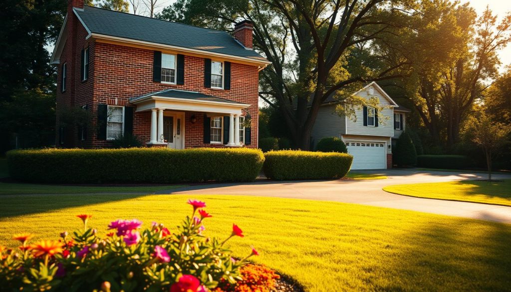 An elegant two-story brick house with a well-manicured lawn and a cozy front porch, bathed in warm, golden afternoon sunlight. A sense of security and family comfort pervades the scene. In the foreground, a lush flowerbed adds a vibrant splash of color, while in the middle ground, a neatly trimmed hedge frames the driveway leading to a detached garage. The background features a row of mature trees, casting soft, dappled shadows across the scene. The overall mood is one of tranquility and contentment, conveying the idea of a cherished family home and the comfort it provides.
