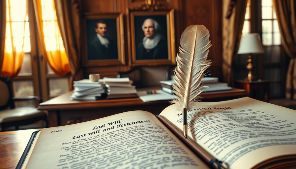 An elegant, well-appointed study with a large wooden desk, piled high with legal documents and a feathered quill pen. A framed portrait of a stern-faced patriarch hangs on the wall, casting a pensive gaze. Warm, amber lighting filters through ornate curtains, creating a contemplative atmosphere. In the foreground, an open leather-bound tome with intricate calligraphy details the legal intricacies of a last will and testament. The scene conveys the gravitas and significance of the estate planning process, a testament to the enduring legacy of a life well-lived. An elegant, well-appointed study with a large wooden desk, piled high with legal documents and a feathered quill pen. A framed portrait of a stern-faced patriarch hangs on the wall, casting a pensive gaze. Warm, amber lighting filters through ornate curtains, creating a contemplative atmosphere. In the foreground, an open leather-bound tome with intricate calligraphy details the legal intricacies of a last will and testament. The scene conveys the gravitas and significance of the estate planning process, a testament to the enduring legacy of a life well-lived.