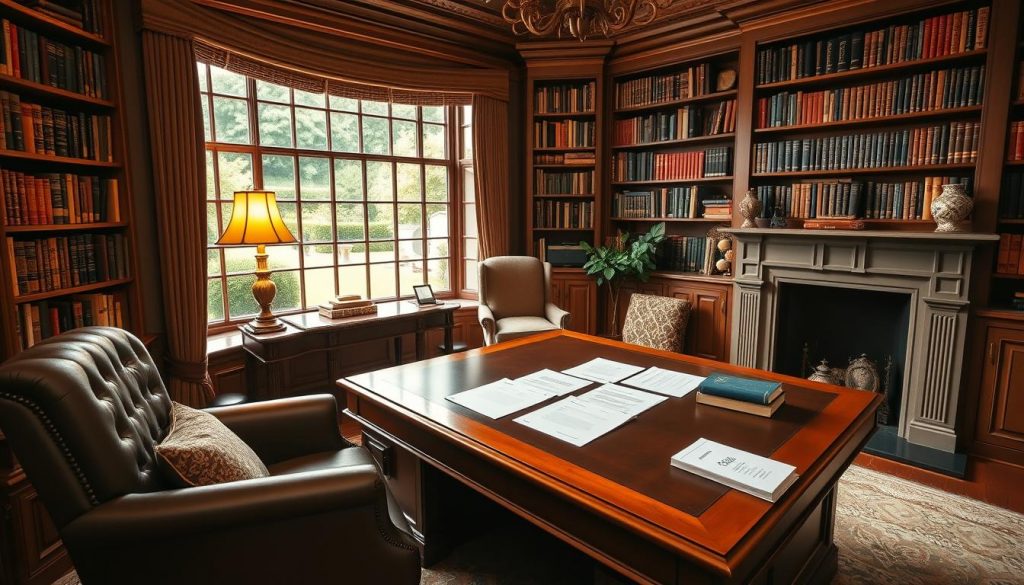 An elegantly appointed study with a large mahogany desk, a plush leather armchair, and a floor-to-ceiling bookshelf filled with volumes on personal finance and estate planning. Warm lighting from a brass desk lamp and a fireplace casts a cozy glow, while a panoramic window offers a view of a lush, manicured garden. On the desk, papers and documents neatly arranged suggest an ongoing discussion about equity release and its role in comprehensive wealth management and inheritance planning. The scene conveys a sense of thoughtful consideration and informed decision-making. An elegantly appointed study with a large mahogany desk, a plush leather armchair, and a floor-to-ceiling bookshelf filled with volumes on personal finance and estate planning. Warm lighting from a brass desk lamp and a fireplace casts a cozy glow, while a panoramic window offers a view of a lush, manicured garden. On the desk, papers and documents neatly arranged suggest an ongoing discussion about equity release and its role in comprehensive wealth management and inheritance planning. The scene conveys a sense of thoughtful consideration and informed decision-making.