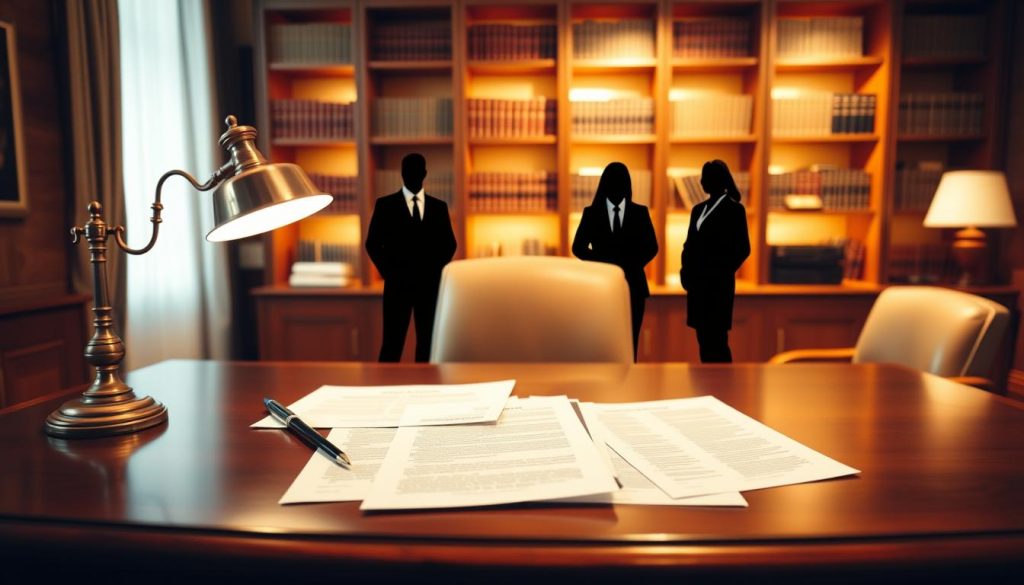 An elegantly designed office setting, with a large wooden desk in the foreground, showcasing various legal documents and a classic desktop lamp. In the middle ground, three distinct silhouettes representing the different types of power of attorney - general, medical, and financial - stand prominently. The background features a warm, softly-lit bookshelf, suggesting the legal and authoritative nature of the subject matter. The lighting is soft and warm, creating a professional and authoritative atmosphere. The camera angle is slightly elevated, giving the viewer a sense of importance and gravity. An elegantly designed office setting, with a large wooden desk in the foreground, showcasing various legal documents and a classic desktop lamp. In the middle ground, three distinct silhouettes representing the different types of power of attorney - general, medical, and financial - stand prominently. The background features a warm, softly-lit bookshelf, suggesting the legal and authoritative nature of the subject matter. The lighting is soft and warm, creating a professional and authoritative atmosphere. The camera angle is slightly elevated, giving the viewer a sense of importance and gravity.