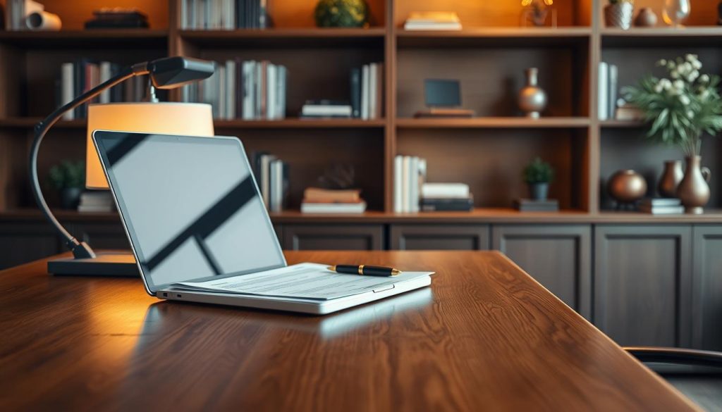 An elegantly designed wooden desk with a modern laptop, a stack of documents, and a pen resting on top. The desk is illuminated by a warm, inviting light, casting a subtle glow across the scene. In the background, shelves filled with carefully curated books and decorative elements create a sense of tranquility and professionalism. The overall atmosphere exudes an air of trust, competence, and attention to detail, perfectly capturing the essence of "trust setup" in the context of asset management and inheritance tax planning. An elegantly designed wooden desk with a modern laptop, a stack of documents, and a pen resting on top. The desk is illuminated by a warm, inviting light, casting a subtle glow across the scene. In the background, shelves filled with carefully curated books and decorative elements create a sense of tranquility and professionalism. The overall atmosphere exudes an air of trust, competence, and attention to detail, perfectly capturing the essence of "trust setup" in the context of asset management and inheritance tax planning.