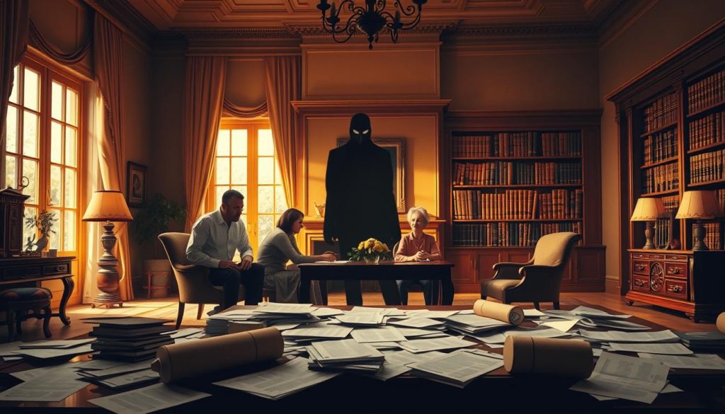 An elegantly furnished study, illuminated by warm, golden light filtering through tall windows. In the foreground, an oblivious family gathers around a table, unaware of the looming financial pitfalls surrounding them. Scattered documents and unattended legal forms create a sense of disarray, symbolizing common estate planning mistakes. The middle ground features a shadowy figure, representing the consequences of inaction or poor planning. In the background, a towering bookshelf filled with legal tomes casts an ominous presence, hinting at the complex, often overlooked aspects of estate management. The overall atmosphere conveys a sense of unease, underscoring the importance of proactive, diligent estate planning to safeguard one's family's future. An elegantly furnished study, illuminated by warm, golden light filtering through tall windows. In the foreground, an oblivious family gathers around a table, unaware of the looming financial pitfalls surrounding them. Scattered documents and unattended legal forms create a sense of disarray, symbolizing common estate planning mistakes. The middle ground features a shadowy figure, representing the consequences of inaction or poor planning. In the background, a towering bookshelf filled with legal tomes casts an ominous presence, hinting at the complex, often overlooked aspects of estate management. The overall atmosphere conveys a sense of unease, underscoring the importance of proactive, diligent estate planning to safeguard one's family's future.