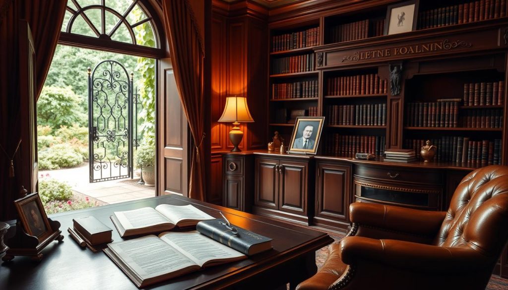 An elegantly furnished study with rich mahogany shelves, a grand oak desk, and a plush leather armchair. Soft, warm lighting illuminates legal documents, a family portrait, and a well-worn book on estate planning. Through the window, a lush garden with a wrought-iron gate suggests a serene, private estate. A sense of thoughtfulness and care pervades the scene, reflecting the importance of securing one's family's future through diligent estate planning. An elegantly furnished study with rich mahogany shelves, a grand oak desk, and a plush leather armchair. Soft, warm lighting illuminates legal documents, a family portrait, and a well-worn book on estate planning. Through the window, a lush garden with a wrought-iron gate suggests a serene, private estate. A sense of thoughtfulness and care pervades the scene, reflecting the importance of securing one's family's future through diligent estate planning.