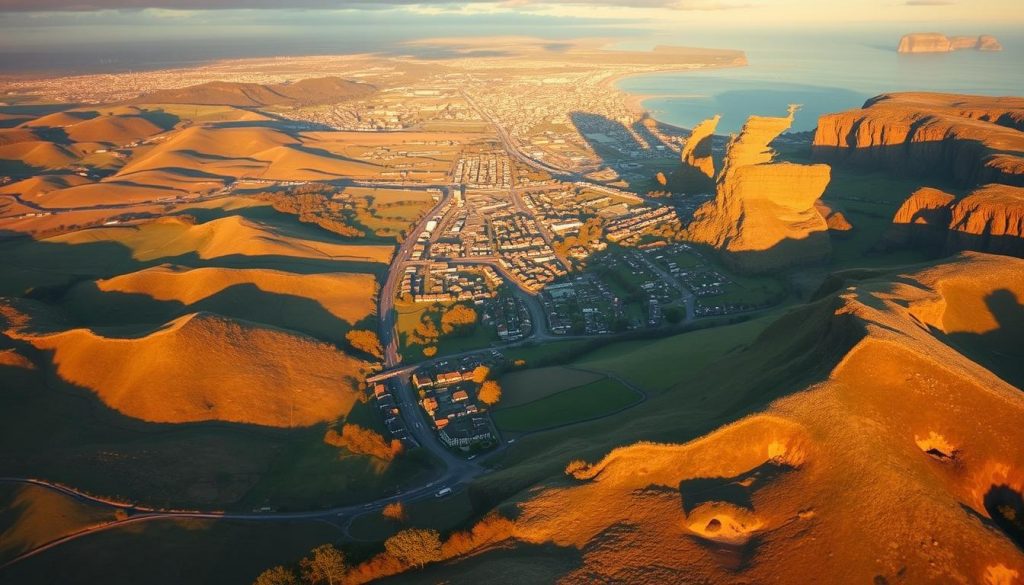 An expansive aerial view of the United Kingdom's regional landscapes, showcasing the diverse geographies that influence the Residence Nil Rate Band. In the foreground, rolling hills and lush countryside dotted with charming villages. In the middle ground, bustling cities with modern skylines and dense residential areas. In the background, rugged coastlines and dramatic cliffs. The scene is illuminated by warm, golden sunlight casting long shadows, creating a sense of depth and visual interest. The composition captures the complexity of UK real estate, hinting at the variable regional factors that shape the Residence Nil Rate Band's implications for homeowners.