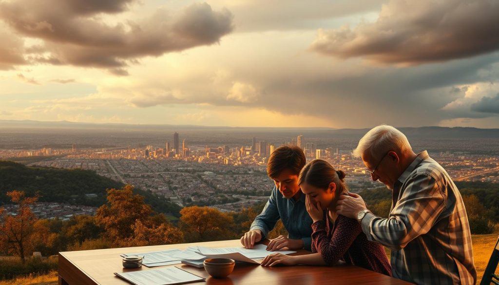 An expansive landscape depicting the economic implications of inheritance tax reform, illuminated by a warm, golden glow. In the foreground, a family gathers around a table, poring over financial documents, expressions of concern etched on their faces. The middle ground features a sprawling city skyline, its buildings and infrastructure symbolizing the broader economic impact. In the distant background, storm clouds loom, hinting at the potential turbulence and uncertainty that changes to inheritance tax policies could bring. The scene is rendered with a cinematic, widescreen aspect ratio, capturing the scale and gravity of the topic. Realistic textures, intricate details, and a harmonious color palette create a visually compelling and thought-provoking image. An expansive landscape depicting the economic implications of inheritance tax reform, illuminated by a warm, golden glow. In the foreground, a family gathers around a table, poring over financial documents, expressions of concern etched on their faces. The middle ground features a sprawling city skyline, its buildings and infrastructure symbolizing the broader economic impact. In the distant background, storm clouds loom, hinting at the potential turbulence and uncertainty that changes to inheritance tax policies could bring. The scene is rendered with a cinematic, widescreen aspect ratio, capturing the scale and gravity of the topic. Realistic textures, intricate details, and a harmonious color palette create a visually compelling and thought-provoking image.