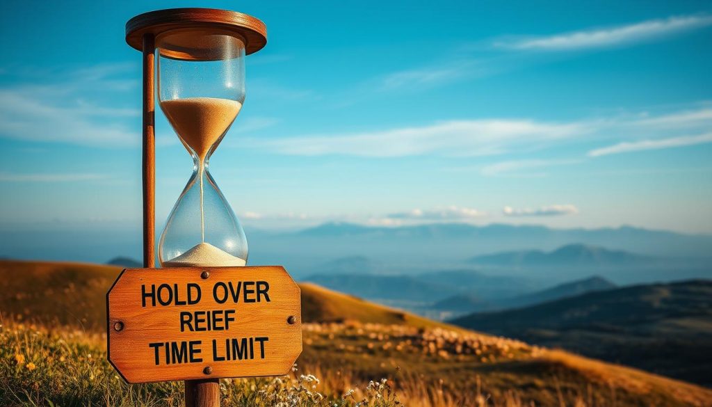 An expansive landscape with a towering hourglass at the center, its sands slowly trickling down. The foreground features a weathered, wooden sign emblazoned with the words "Hold Over Relief Time Limit". The middle ground depicts a rolling, grassy hill dotted with wildflowers, casting warm, golden light over the scene. The background is a panoramic vista of distant mountains, their peaks kissed by wispy clouds. The overall atmosphere conveys a sense of urgency and the passage of time, emphasizing the significance of the time limit for the "Hold Over Relief".
