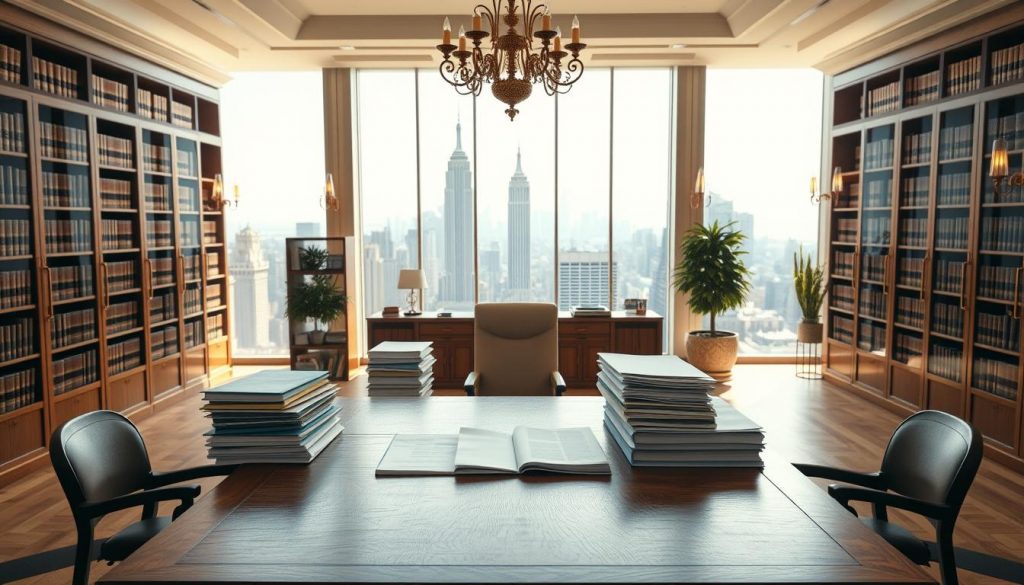 An expansive, sunlit office space with a large wooden desk taking center stage. On the desk, stacks of documents and folders represent the intricacies of inheritance tax exemptions. Surrounding the desk, bookshelves filled with legal tomes and ornate lighting fixtures cast a warm, authoritative glow. In the background, floor-to-ceiling windows overlook a bustling city skyline, symbolizing the far-reaching impact of estate planning. The composition conveys a sense of professionalism, expertise, and the gravity of financial decisions surrounding one's legacy. An expansive, sunlit office space with a large wooden desk taking center stage. On the desk, stacks of documents and folders represent the intricacies of inheritance tax exemptions. Surrounding the desk, bookshelves filled with legal tomes and ornate lighting fixtures cast a warm, authoritative glow. In the background, floor-to-ceiling windows overlook a bustling city skyline, symbolizing the far-reaching impact of estate planning. The composition conveys a sense of professionalism, expertise, and the gravity of financial decisions surrounding one's legacy.