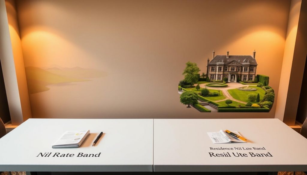 An expansive, well-lit table, its surface divided into two distinct sections representing the "Nil Rate Band" and "Residence Nil Rate Band". The left side showcases a tranquil landscape, with rolling hills and a serene lake, while the right side depicts a stately manor surrounded by lush gardens. Warm, diffused lighting casts a soft glow over the scene, highlighting the contrast between the two areas. Carefully placed tax-related documents and financial icons subtly convey the technical details of the topic. The overall composition conveys a sense of balance, clarity, and the nuanced differences between these important estate planning concepts.
