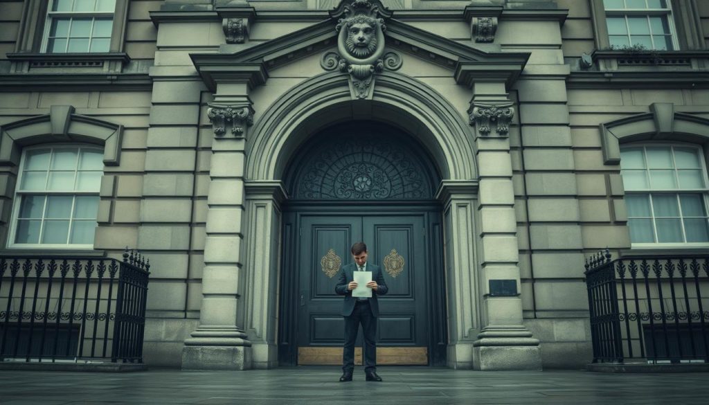 An imposing Victorian-era government office, its stately facade shrouded in a somber grey fog. Through the ornate arched doorway, a lone individual stands dejected, clutching an official-looking envelope, their shoulders slumped in defeat. The scene is bathed in a muted, melancholic light, evoking a sense of bureaucratic obstruction and the frustration of a rejected inheritance tax refund claim. The composition emphasizes the small figure dwarfed by the grand, unyielding architecture, symbolizing the power imbalance between the citizen and the state. An imposing Victorian-era government office, its stately facade shrouded in a somber grey fog. Through the ornate arched doorway, a lone individual stands dejected, clutching an official-looking envelope, their shoulders slumped in defeat. The scene is bathed in a muted, melancholic light, evoking a sense of bureaucratic obstruction and the frustration of a rejected inheritance tax refund claim. The composition emphasizes the small figure dwarfed by the grand, unyielding architecture, symbolizing the power imbalance between the citizen and the state.
