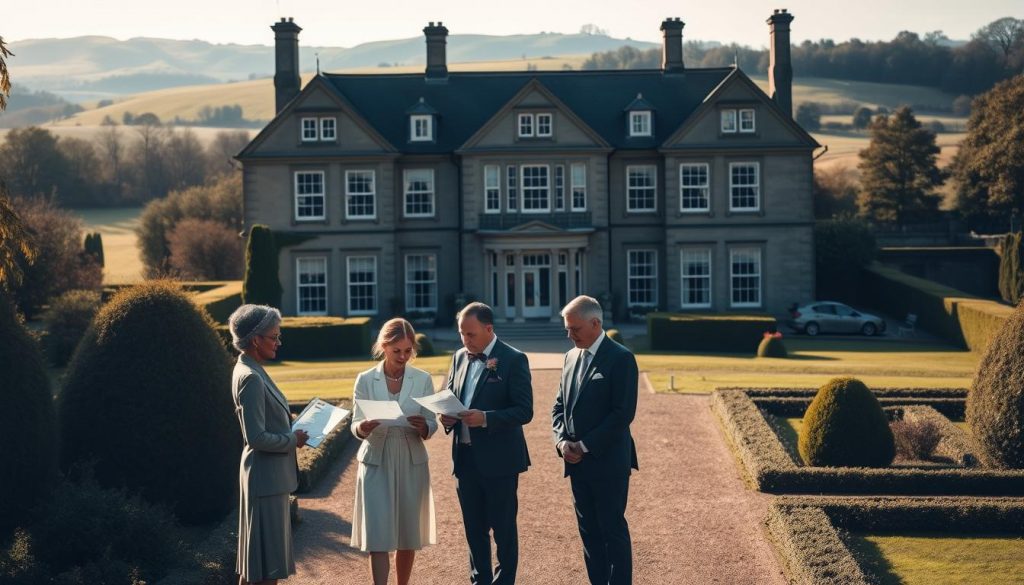 An imposing manor house set against a backdrop of rolling hills, its stately facade commanding attention. In the foreground, an elegant family gathered, dressed in formal attire, examining legal documents related to the family estate. Sunlight filters through the tall windows, casting a warm glow on the scene, hinting at the weight of inheritance and the passing of wealth across generations. The middle ground features carefully manicured gardens, a testament to the legacy of the family's land. Subtle shadows and soft focus create a sense of contemplation, reflecting the gravity of the inheritance tax decision facing the homeowners.