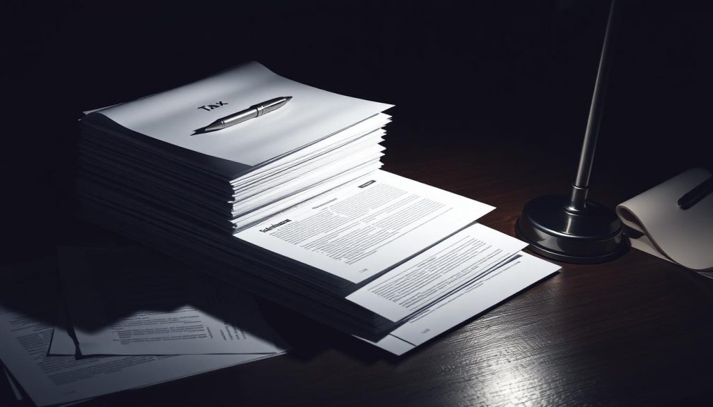 An imposing stack of legal documents casts a long shadow across a dimly lit office, symbolizing the weighty tax implications of trust termination. A lone pen rests atop the papers, suggesting the critical financial decisions that must be made. The scene is illuminated by a single desk lamp, creating a pensive atmosphere, as if inviting the viewer to carefully consider the intricate financial and legal matters at hand. The overall composition conveys the gravity and complexity of the topic, underscoring the importance of professional guidance when navigating the dissolution of a trust. An imposing stack of legal documents casts a long shadow across a dimly lit office, symbolizing the weighty tax implications of trust termination. A lone pen rests atop the papers, suggesting the critical financial decisions that must be made. The scene is illuminated by a single desk lamp, creating a pensive atmosphere, as if inviting the viewer to carefully consider the intricate financial and legal matters at hand. The overall composition conveys the gravity and complexity of the topic, underscoring the importance of professional guidance when navigating the dissolution of a trust.