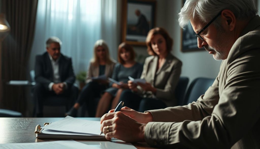 An intricate and solemn scene of a trust administration process unfolding upon a person's passing. In the foreground, a lawyer or financial advisor sits at a desk, meticulously reviewing documents and files. The middle ground depicts family members gathered, expressions somber yet resolute, as they navigate the complexities of the deceased's estate and wealth distribution. The background is softly lit, conveying a sense of reverence and solemnity, with muted tones and subtle shadows casting a pensive atmosphere. The composition emphasizes the gravity and importance of this delicate transition, where the legacy and wishes of the departed are dutifully honored and upheld. An intricate and solemn scene of a trust administration process unfolding upon a person's passing. In the foreground, a lawyer or financial advisor sits at a desk, meticulously reviewing documents and files. The middle ground depicts family members gathered, expressions somber yet resolute, as they navigate the complexities of the deceased's estate and wealth distribution. The background is softly lit, conveying a sense of reverence and solemnity, with muted tones and subtle shadows casting a pensive atmosphere. The composition emphasizes the gravity and importance of this delicate transition, where the legacy and wishes of the departed are dutifully honored and upheld.