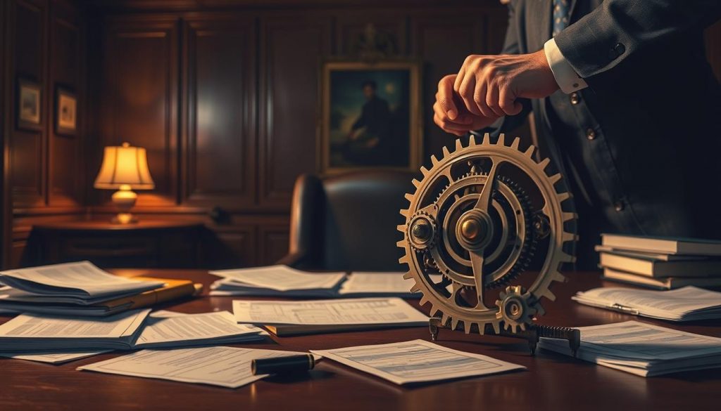 An intricate illustration of the tax implications of closing a trust, with a meticulously detailed scene. In the foreground, a trustee meticulously winding up the complex mechanisms of a trust, gears and cogs turning with precision. In the middle ground, financial documents and ledgers are scattered, highlighting the administrative and legal complexities. The background depicts a dimly lit, wood-paneled office, casting a somber, serious tone befitting the gravity of the task at hand. Warm, muted lighting illuminates the scene, creating a sense of concentration and focus. The overall composition conveys the careful, deliberate process of navigating the tax implications of trust dissolution. An intricate illustration of the tax implications of closing a trust, with a meticulously detailed scene. In the foreground, a trustee meticulously winding up the complex mechanisms of a trust, gears and cogs turning with precision. In the middle ground, financial documents and ledgers are scattered, highlighting the administrative and legal complexities. The background depicts a dimly lit, wood-paneled office, casting a somber, serious tone befitting the gravity of the task at hand. Warm, muted lighting illuminates the scene, creating a sense of concentration and focus. The overall composition conveys the careful, deliberate process of navigating the tax implications of trust dissolution.