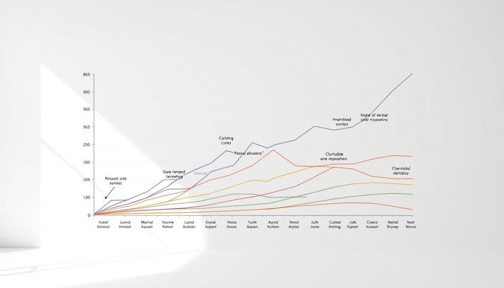 An intricate line graph depicting various inheritance tax deductions against a clean, minimalist background. Softly lit with natural lighting, the graph showcases different categories of deductions - from personal allowances to charitable donations - with clear, color-coded segments. The overall aesthetic is elegant and informative, designed to visually communicate the key elements of inheritance tax deductions in the UK at a glance.