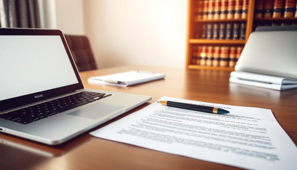 An office desk with a laptop, pen, and documents representing the process of establishing a lasting power of attorney. Soft, warm lighting casts a professional, administrative ambiance. The desk is neatly organized, conveying a sense of order and efficiency. In the background, a bookshelf with legal volumes suggests the legal expertise required. The scene exudes a mood of careful consideration and attention to detail, reflecting the gravity and importance of this financial and legal decision.