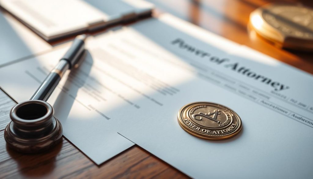 An office desk with legal documents, a pen, and a seal representing the power of attorney. The documents are neatly arranged, conveying a sense of organization and responsibility. Warm, directional lighting illuminates the scene, casting subtle shadows that add depth and dimension. The background is blurred, keeping the focus on the essential elements of the power of attorney process. The overall atmosphere is professional, authoritative, and inspires confidence in the effective use of this legal instrument. An office desk with legal documents, a pen, and a seal representing the power of attorney. The documents are neatly arranged, conveying a sense of organization and responsibility. Warm, directional lighting illuminates the scene, casting subtle shadows that add depth and dimension. The background is blurred, keeping the focus on the essential elements of the power of attorney process. The overall atmosphere is professional, authoritative, and inspires confidence in the effective use of this legal instrument.