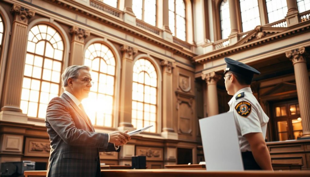 An official trust registration process unfolding against a backdrop of a grand, stately government building. A middle-aged man in a suit stands at a counter, handing over documents to a uniformed clerk. Warm, diffused lighting filters through large windows, casting a sense of professionalism and authority. Ornate architectural details like columns and carved patterns add an air of tradition and legitimacy. The overall atmosphere conveys a formal, institutional setting where important legal and financial matters are meticulously handled.