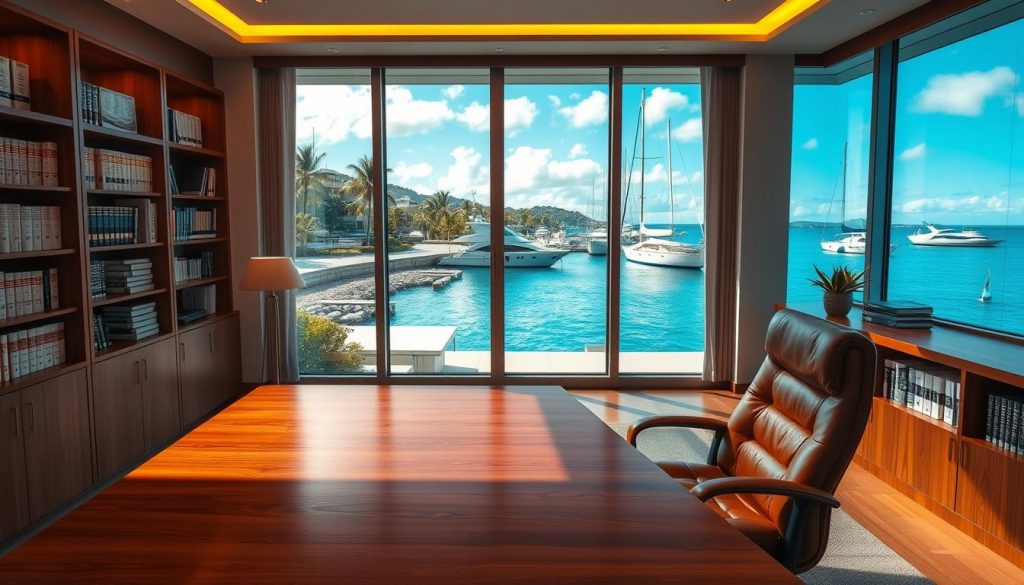 An offshore trust management office interior with a large window overlooking a tropical harbor. Warm golden lighting illuminates the modern, minimalist space. A polished wooden desk sits in the foreground, accompanied by a comfortable leather chair. Bookshelves line the walls, filled with financial documents and law books. In the background, the harbor is visible, with yachts and sailboats gently rocking on the calm, turquoise waters. The atmosphere conveys a sense of security, privacy, and professional sophistication.