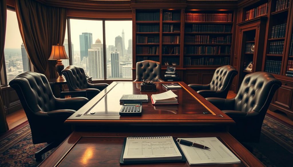An opulent office setting, with a large oak desk, leather chairs, and a towering bookshelf in the background. On the desk, a calculator, a stack of papers, and a pen resting on a ledger, conveying the meticulous nature of inheritance tax planning. Warm, muted lighting casts a contemplative atmosphere, while a window in the background offers a view of a bustling city skyline, suggesting the gravity and importance of the decisions being made. The overall scene evokes a sense of financial security, responsibility, and the preservation of generational wealth.