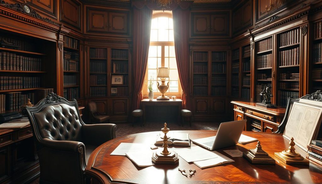 An opulent, well-appointed study with ornate mahogany furniture, a large leather armchair, and a substantial wooden desk. Sunlight streams in through large windows, casting a warm glow over the scene. On the desk, various financial documents, a laptop, and a brass paperweight are neatly arranged. Bookshelves line the walls, filled with leather-bound volumes. The atmosphere exudes a sense of wealth, responsibility, and the careful management of family assets.