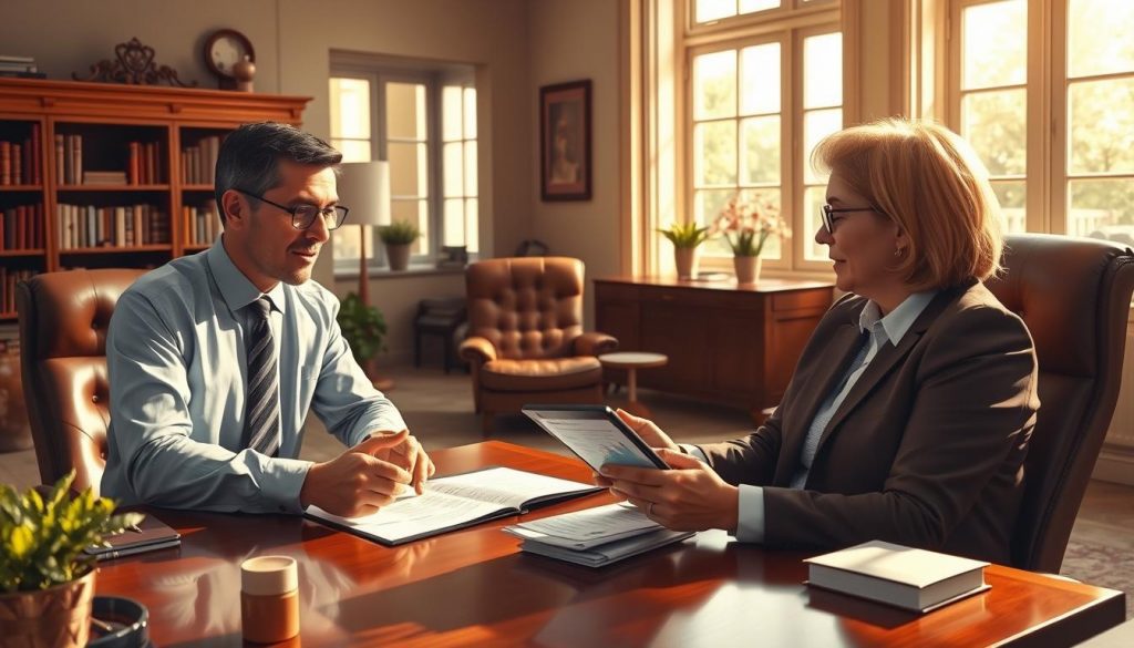 Creating a trust in the UK, a detailed illustration showcasing the management of assets. A warm, inviting office setting, with a wooden desk, leather chairs, and a bookshelf in the background. In the foreground, a financial advisor and a client engaged in a discussion, their hands gesturing towards documents and a tablet displaying financial information. Soft, natural lighting filters through large windows, creating a sense of professionalism and trust. The scene conveys the importance of asset management and the role a trust can play in securing one's financial future. Creating a trust in the UK, a detailed illustration showcasing the management of assets. A warm, inviting office setting, with a wooden desk, leather chairs, and a bookshelf in the background. In the foreground, a financial advisor and a client engaged in a discussion, their hands gesturing towards documents and a tablet displaying financial information. Soft, natural lighting filters through large windows, creating a sense of professionalism and trust. The scene conveys the importance of asset management and the role a trust can play in securing one's financial future.