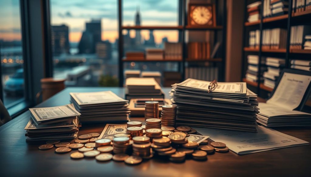 Detailed, hyper-realistic image of the distribution of assets upon the termination of a trust. Centered focus on a table with stacks of gold coins, dollar bills, and legal documents such as contracts and certificates. Mid-ground shows shelves of financial records, ledgers, and books. Soft, warm lighting illuminates the scene, casting gentle shadows. Subtle hues of brown, beige, and gray create a professional, authoritative atmosphere. High depth of field blurs the background, featuring a window with city skyline at dusk. Crisp, sharp focus on the foreground elements, emphasizing the transfer of wealth and assets. Detailed, hyper-realistic image of the distribution of assets upon the termination of a trust. Centered focus on a table with stacks of gold coins, dollar bills, and legal documents such as contracts and certificates. Mid-ground shows shelves of financial records, ledgers, and books. Soft, warm lighting illuminates the scene, casting gentle shadows. Subtle hues of brown, beige, and gray create a professional, authoritative atmosphere. High depth of field blurs the background, featuring a window with city skyline at dusk. Crisp, sharp focus on the foreground elements, emphasizing the transfer of wealth and assets.