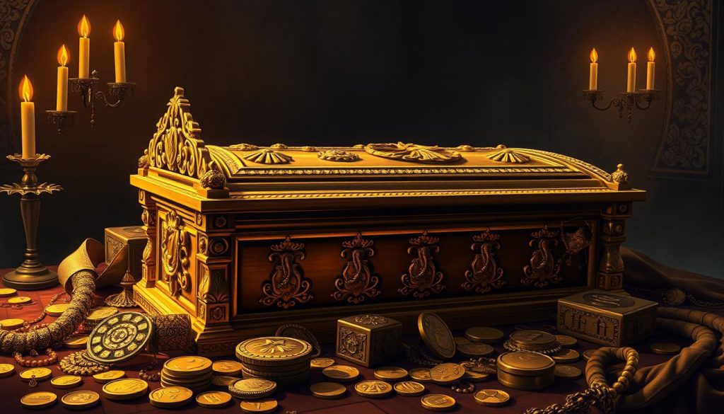 Detailed illustration of an ornate gold sarcophagus or casket, surrounded by various gold jewelry, coins, and other precious heirlooms, set against a dimly lit, brooding backdrop that evokes a sense of gravitas and the weight of inheritance. The casket is captured in a dramatic, high-angle perspective, casting dramatic shadows and highlighting the intricate details of its design. The overall mood is one of solemn contemplation, reflecting the gravity and complexity of inheritance tax on these valuable gold assets. Detailed illustration of an ornate gold sarcophagus or casket, surrounded by various gold jewelry, coins, and other precious heirlooms, set against a dimly lit, brooding backdrop that evokes a sense of gravitas and the weight of inheritance. The casket is captured in a dramatic, high-angle perspective, casting dramatic shadows and highlighting the intricate details of its design. The overall mood is one of solemn contemplation, reflecting the gravity and complexity of inheritance tax on these valuable gold assets.