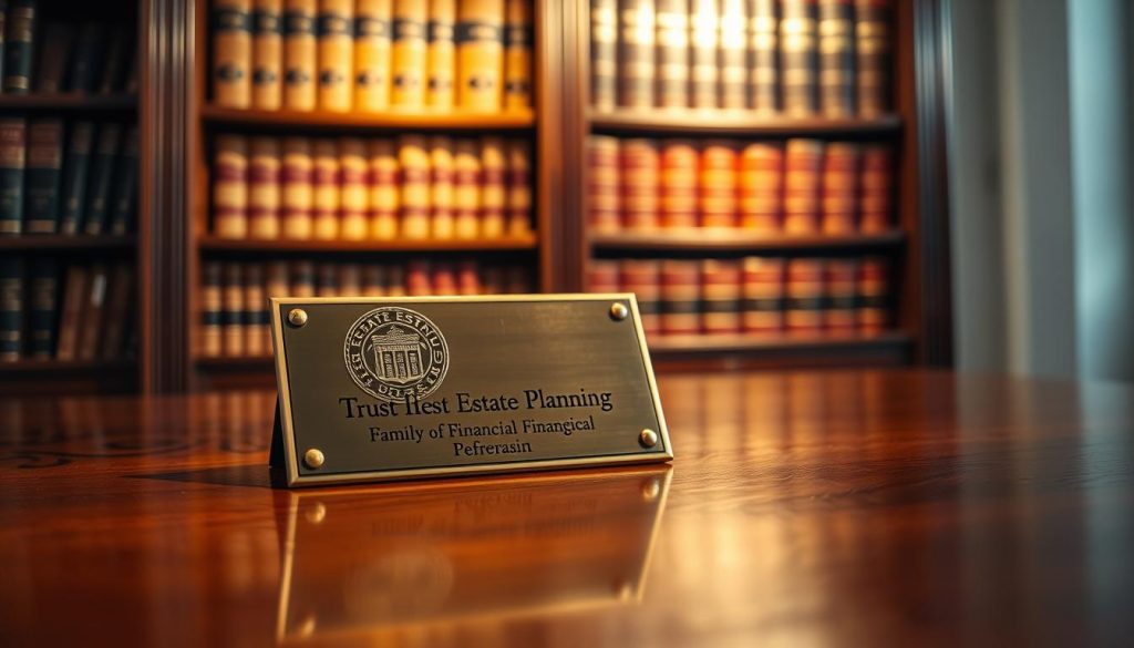 Elegant brass plaque on a polished mahogany table, casting a warm amber glow. The plaque features an intricate emblem, symbolizing the trust and legacy of a family's estate planning. In the background, a bookshelf filled with leather-bound volumes on estate law and financial planning. Soft, directional lighting casts subtle shadows, creating a sense of thoughtfulness and deliberation. The overall scene conveys a tone of tradition, security, and the careful stewardship of wealth across generations.