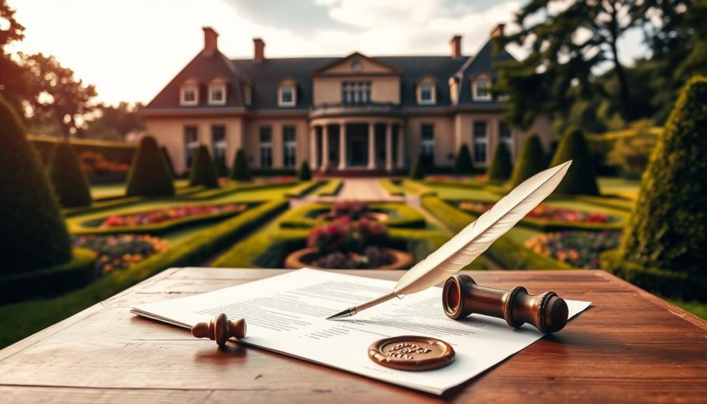 Elegant estate planning strategies scene. A stately manor house with grand architecture and manicured gardens in the background. In the foreground, a wooden table with legal documents, a quill pen, and an ornate wax seal. Soft lighting casts a warm glow, creating an air of refined sophistication. The composition emphasizes the importance of careful estate planning, with the formal setting and classical details conveying a sense of timeless tradition. The overall mood is one of thoughtful consideration and meticulous attention to detail. Elegant estate planning strategies scene. A stately manor house with grand architecture and manicured gardens in the background. In the foreground, a wooden table with legal documents, a quill pen, and an ornate wax seal. Soft lighting casts a warm glow, creating an air of refined sophistication. The composition emphasizes the importance of careful estate planning, with the formal setting and classical details conveying a sense of timeless tradition. The overall mood is one of thoughtful consideration and meticulous attention to detail.