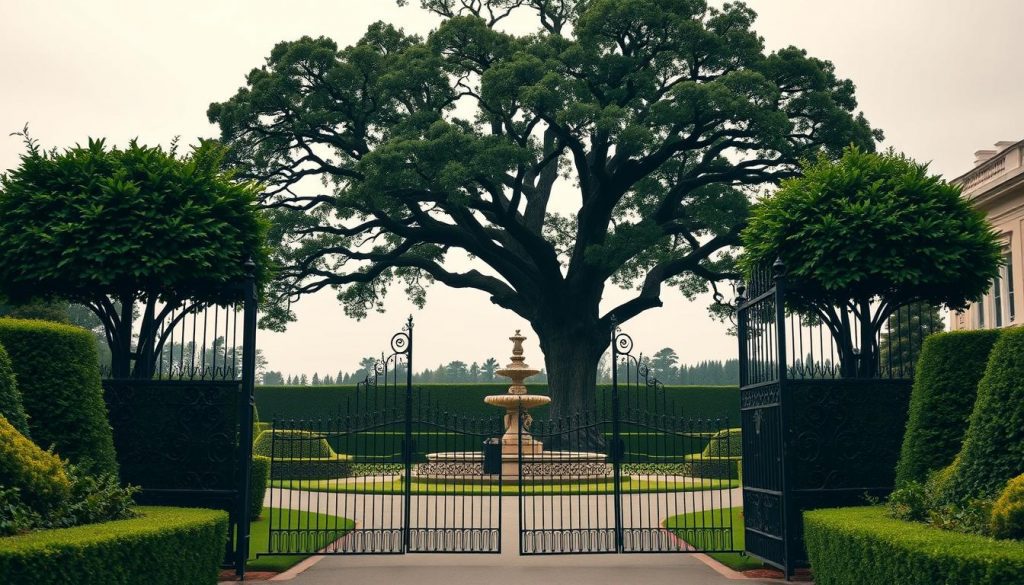 Elegant marble estate with lush gardens, surrounded by stately hedgerows. A majestic oak tree stands tall in the middle ground, its branches casting a gentle shadow over a beautifully crafted stone fountain. In the foreground, a pair of ornate wrought-iron gates open onto a winding driveway, hinting at the grandeur within. The sky is a soft, muted palette, creating a serene and timeless atmosphere. The scene conveys a sense of refined sophistication and the enduring legacy of family wealth and inheritance.