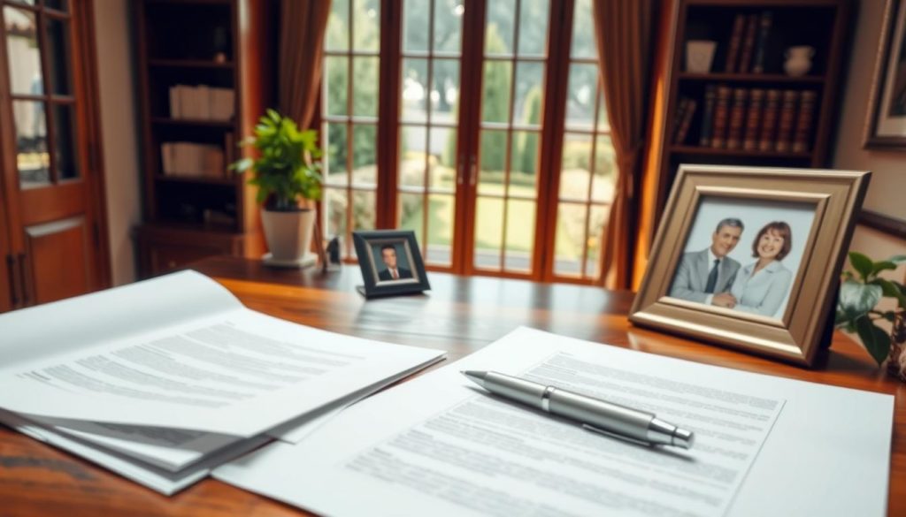 High-angle shot of a wooden desk in a cozy home office, with a stack of legal documents, a silver pen, and a family photo frame in the foreground. In the middle ground, a potted plant and a set of leather-bound books sit on mahogany shelves, while the background features a large window overlooking a lush, well-manicured garden. Warm, natural lighting filters through the window, creating a serene and contemplative atmosphere. The overall scene conveys the importance and benefits of thoughtful estate planning for a family's future.