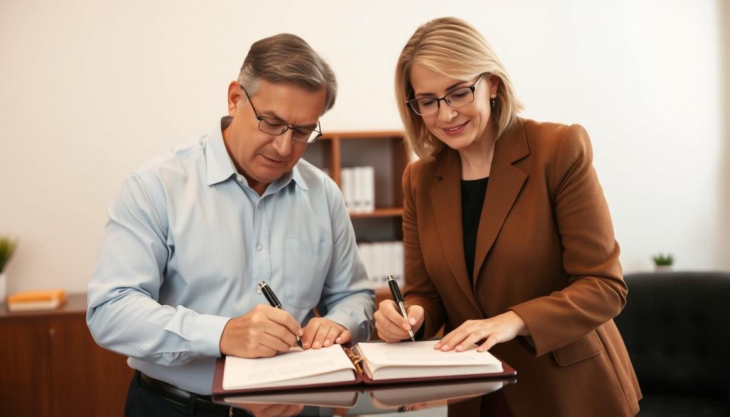 Two mature, professional-looking individuals, a man and a woman, standing side by side, signing legal documents with focused expressions. Subtle, warm lighting illuminates their faces, conveying a sense of trust and collaboration. The background is a simple, neutral office setting, with wooden furniture and a bookshelf in the distance, creating a calm, authoritative atmosphere. The overall scene suggests a joint decision-making process, with the two individuals working together to handle important legal matters.