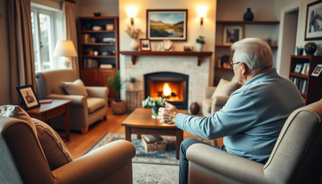 Warm lighting illuminates a cozy, home-like setting - a care home living room with plush armchairs, a wooden coffee table, and a fireplace. In the foreground, an elderly couple sits together, their hands clasped in a gesture of trust and care. The middle ground features a potted plant, a decorative rug, and a side table with framed family photos. The background reveals tasteful wall art and bookshelves, creating a sense of comfort and security. The overall atmosphere conveys a feeling of warmth, support, and the importance of maintaining trust in one's later years. Warm lighting illuminates a cozy, home-like setting - a care home living room with plush armchairs, a wooden coffee table, and a fireplace. In the foreground, an elderly couple sits together, their hands clasped in a gesture of trust and care. The middle ground features a potted plant, a decorative rug, and a side table with framed family photos. The background reveals tasteful wall art and bookshelves, creating a sense of comfort and security. The overall atmosphere conveys a feeling of warmth, support, and the importance of maintaining trust in one's later years.