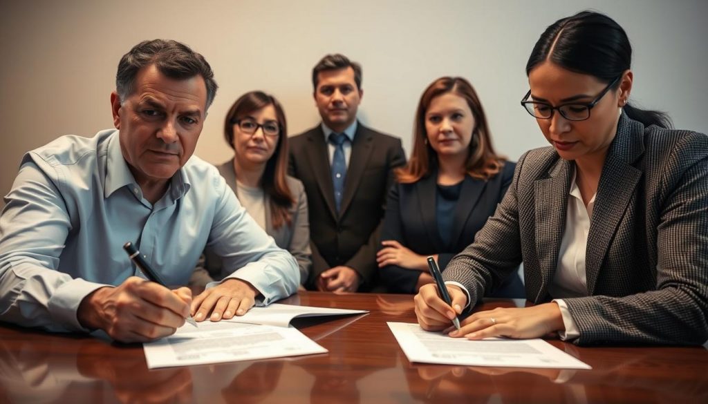 Witnesses in an LPA signing process, captured in a warm, professional setting. In the foreground, two individuals sign documents with focused expressions, their hands steady as they append their signatures. Behind them, two neutral-faced witnesses observe intently, their posture upright and attentive. Soft, diffused lighting illuminates the scene, creating a sense of gravity and importance. The composition is balanced, with clean lines and a subtle depth of field, drawing the viewer's eye to the core action. An atmosphere of trust, transparency, and legal formality pervades the image, befitting the significance of the Lasting Power of Attorney signing.