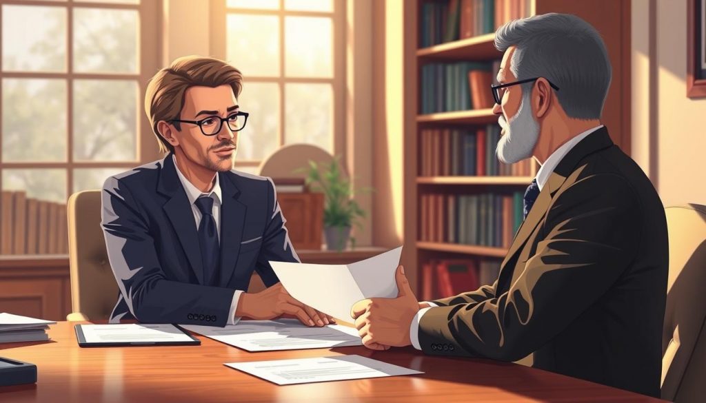 a beautifully detailed digital illustration of a financial advisor sitting at a wooden desk, discussing tax planning documents with a client. Soft, warm lighting illuminates the scene, creating a professional and trustworthy atmosphere. The advisor's face is in focus, conveying expertise and care, while the client's expression reflects engaged contemplation. In the background, bookshelves and a window provide a sense of a traditional, high-end office setting. The overall composition emphasizes the importance of careful inheritance tax planning for financial security and legacy.
