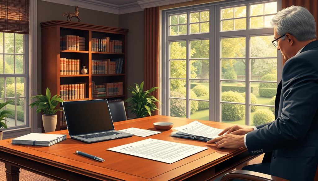 a detailed and photorealistic illustration of an estate planning process with a life insurance trust, set in a warm, sophisticated office environment. The foreground features a wooden desk with legal documents, a laptop, and a trustee or financial advisor gesturing towards a life insurance policy. The middle ground showcases a bookshelf filled with law books and financial planning materials. The background depicts large windows overlooking a lush, manicured garden, bathed in soft, natural lighting. The overall mood is one of professionalism, security, and careful consideration of one's financial future.