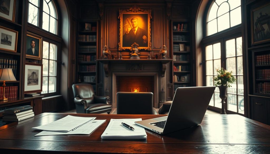a detailed architectural interior scene, dimly lit by warm natural light filtering through large windows, showcasing a stylish home office setting. In the foreground, a wooden desk with a laptop, pen, and financial documents neatly arranged. On the wall behind, framed artworks and shelves displaying various legal and financial books. In the middle ground, a comfortable leather armchair and a side table with a potted plant. The background features a grand fireplace with an ornate mantelpiece, casting a soft glow across the room. The overall atmosphere evokes a sense of serious contemplation and the weighty implications of inheritance tax planning. a detailed architectural interior scene, dimly lit by warm natural light filtering through large windows, showcasing a stylish home office setting. In the foreground, a wooden desk with a laptop, pen, and financial documents neatly arranged. On the wall behind, framed artworks and shelves displaying various legal and financial books. In the middle ground, a comfortable leather armchair and a side table with a potted plant. The background features a grand fireplace with an ornate mantelpiece, casting a soft glow across the room. The overall atmosphere evokes a sense of serious contemplation and the weighty implications of inheritance tax planning.