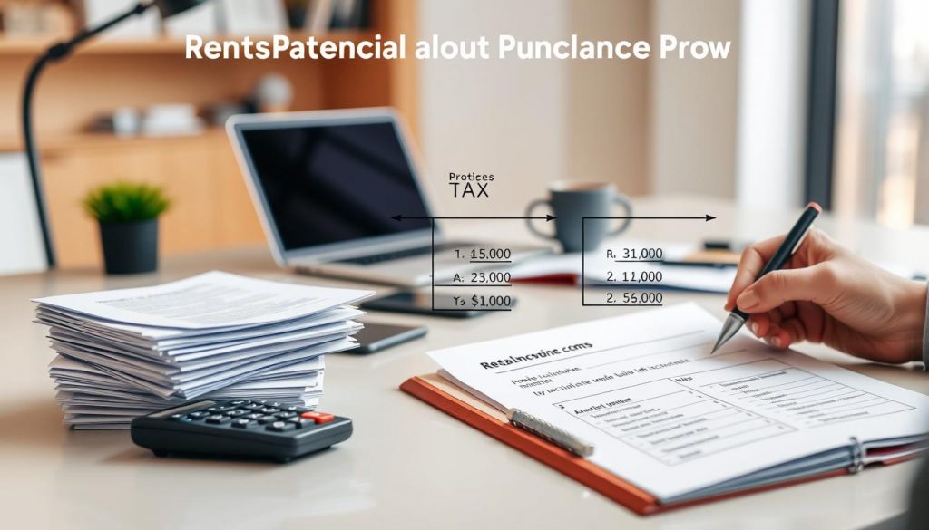 a detailed diagram of tax calculations on rental income, showing a stack of documents, a calculator, and a hand writing on a legal pad. The foreground features a modern, minimalist office desk with clean lines and a sleek aesthetic. The middle ground shows a laptop, a mug of coffee, and some office supplies, creating a sense of a productive workspace. The background blurs out to reveal a warm, diffused lighting, suggesting a professional, yet relaxed atmosphere. The overall mood conveys a sense of organization, focus, and attention to financial details.